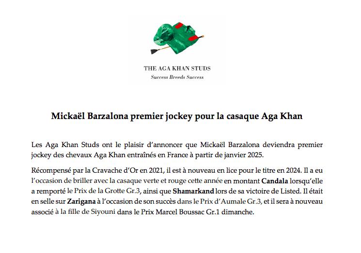 Mickaël Barzalona premier jockey Aga Khan en 2025 Equidia