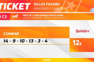 Le ticket de Gilles Favard pour le Quinté+ du mercredi 17 juin à Agen-La Garenne